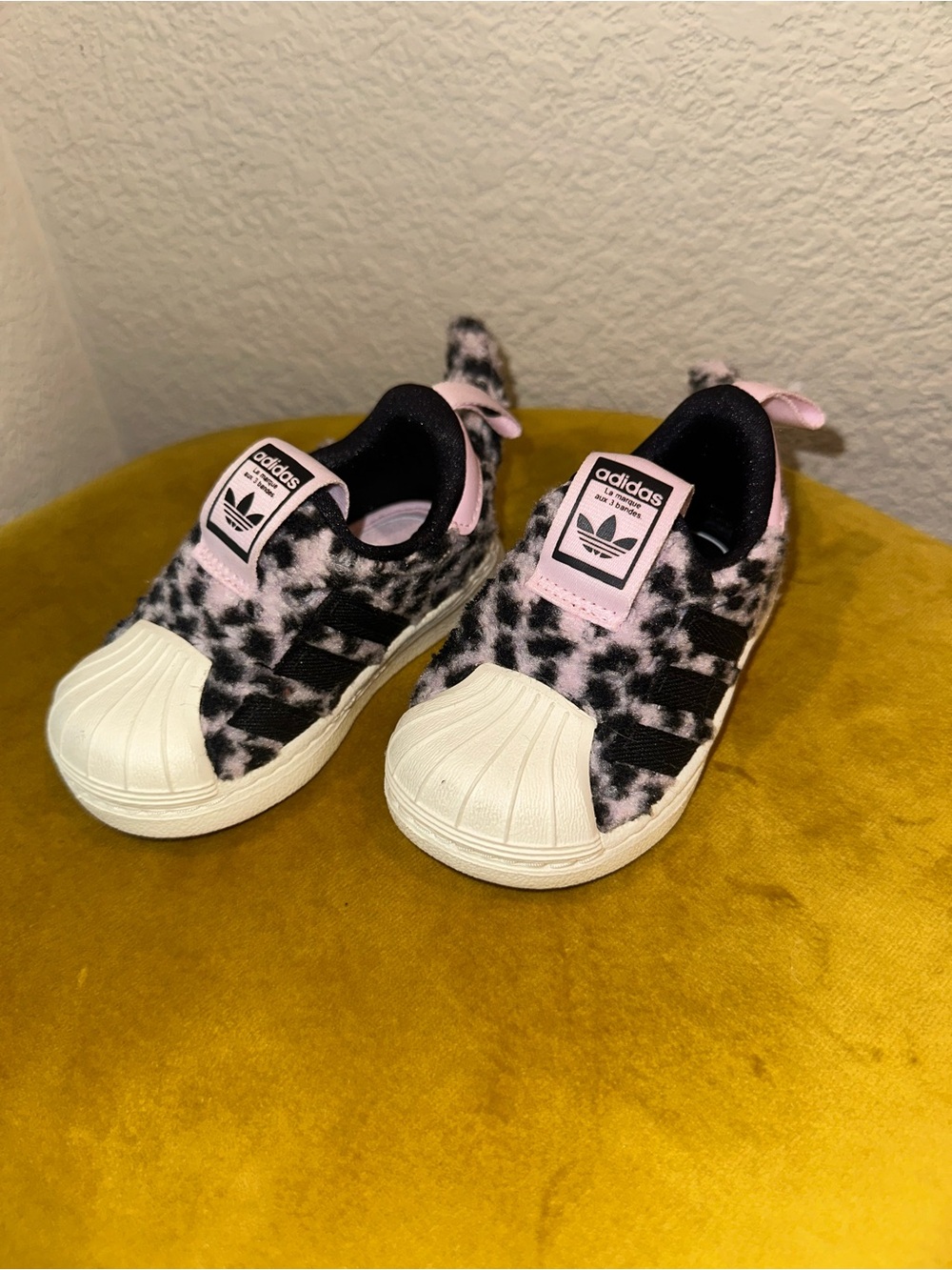adidas Kids Pink and Black Leopard Slip-On Shell Toe Sneakers